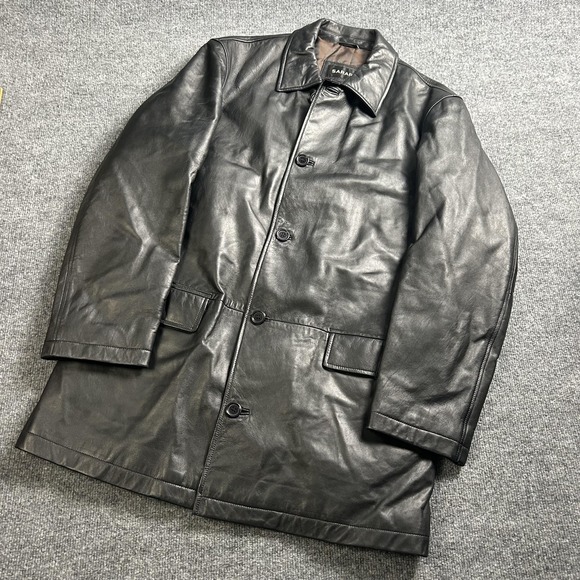Sarar Other - Sarar Coat Mens Medium Black Leather Overcoat Button Front Lined Mid Length